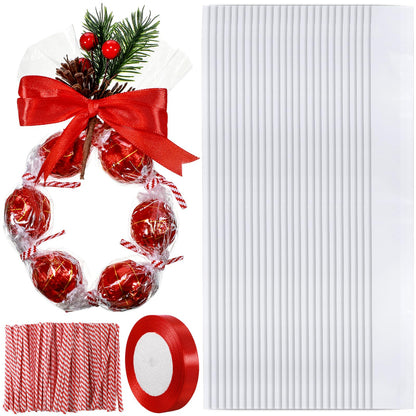 Dunzoom 50/100 Set 2'' x 24'' Christmas Candy Wrapping Gifts Treat Bags Set Plastic Transparent Bags with Twist Tie and Loop of Ribbon for Xmas Party Favors Chocolates Candy Wreath Making Kit