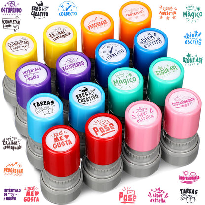 Jetec 16 Pcs Spanish Teacher Self Inking Stamps Teacher Gifts Motivation Grading Stamps for Signature Homework Reward Supplies(Round)