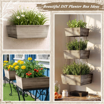 Dandat 6 Set Wooden Centerpiece Box for Wedding Table Decor 10 Inch Rustic Wood Planter Box with Removable Plastic Liner Flower Boxes for Party Wedding Baby Shower Home Garden Decor(Brown)