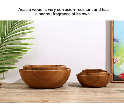 Acacia Wood Bowls, Natural Wooden Salad Bowls for Serving, Food-Safe Wood Bowls for Fruit, Popcorn, Snacks, Cereal, Nested Wooden Serving Bowls for Kitchen, Party, Daily Use