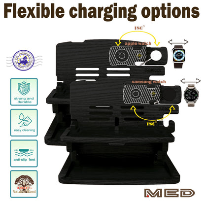MED Wood Phone Docking Station for Men – Nightstand Organizer & Charging Station for Multiple Devices – Birthday Gift for Husband Dad, Father's Day – Holds Phone, Watch, Wallet, Keys (Black)