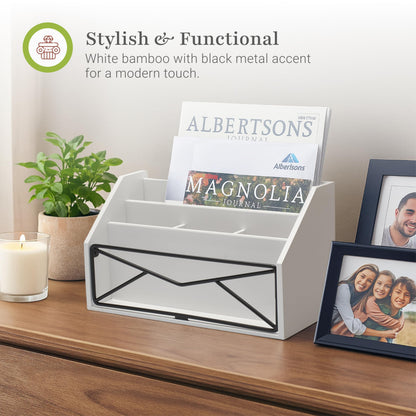 Prosumer's Choice Bamboo Desk Organizer – White Powder-Coated Natural Bamboo Mail Organizer for Countertop - Wooden Desktop Organizer for Mail, Files, Letters, and Tabletop Storage