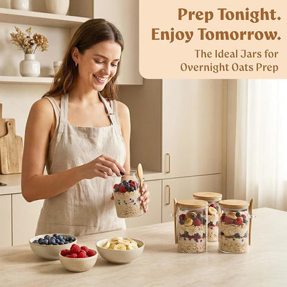 Overnight Oats Containers with Lids, Labels & Spoons (4 x 16oz) Glass Jars for Oatmeal, Meal Prep, Food Storage | Leak-Proof Mason Jars for Oats, Cereal, Yogurt, Chia Pudding [Thicker Glass 3mm]