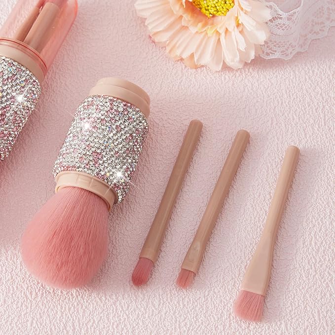 WOKOTO 4 in 1 Pink & White Diamond-Embellished Makeup Brushes