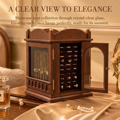 GuaziV Wooden Jewelry Organizer for Women, 360° Rotating Jewelry Box with 4 Drawers, Necklace & Ring Holder, Tangle-Free Jewelry Storage Cabinet for Vanity and Bedroom