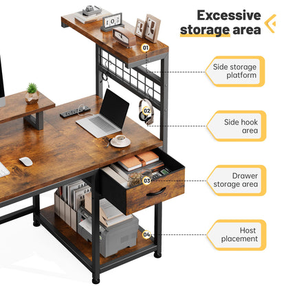 EnHomee 48" Computer Desk with Power Outlets & LED Lights, Gaming Desk with Drawer & Storage Shelves, Reversible Home Office Desk with Monitor Stand, for Living, Study Room, Gaming Room, Rustic Brown