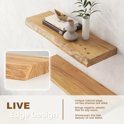 Live Edge Floating Shelves for Wall Decor, Solid Elm Wood Floating Shelves Wall Mounted, Rustic Wall Shelves with Invisible Bracket for Living Room Bathroom Bedroom Kitchen, 24 Inch Set of 2, Natural