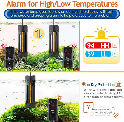 hygger 300W Aquarium Heater with Controller, Adjustable & Submersible Fish Tank Heater with Digital Display Safety Triple Protection Beeping Alarm for Saltwater and Freshwater 40-80 Gallon