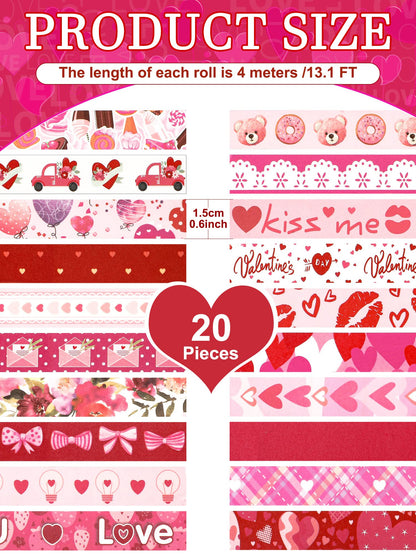 20 Rolls Valentine Washi Tape Set Heart Holiday Love Pink Masking Tape Paper Supplies for DIY Crafts Wrapping Scrapbook Party Favors