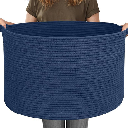 MEGASKET 115L Dark Blue Basket for Organizing, 23.6" x 15.7" XXXL Woven Cotton Rope Laundry Basket, Oversized Blanket Storage for Living Room Bedroom, Kids Toy Box Organizer, Pool Towel Storage Bin