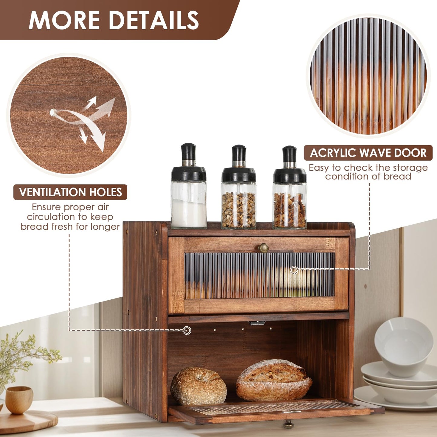 Sunhoo Double Layer Bread Box (L14.4in*W9.4in*H13.4in/Brown) and Single Wooden Bread Storage(L14.37in*W9.25in*H8.66in/Brown) Rustic Bread Keeper Farmhouse Food Organizer Pantry Shelf Acrylic Window