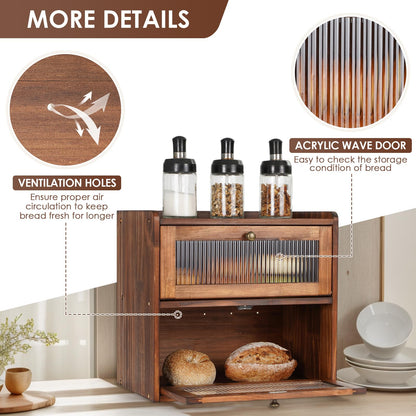 Sunhoo Double Layer Bread Box (L14.4in*W9.4in*H13.4in/Brown) and Single Wooden Bread Storage(L14.37in*W9.25in*H8.66in/Yellow) Rustic Bread Keeper Farmhouse Food Organizer Pantry Shelf Acrylic Window