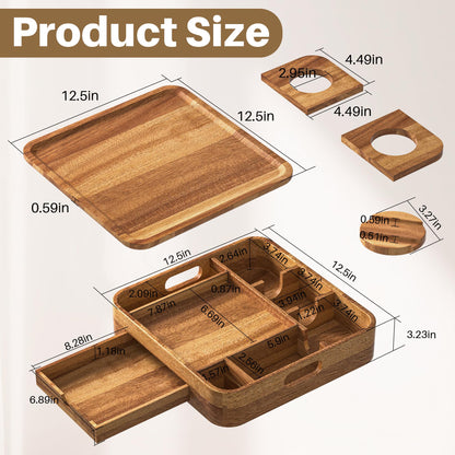 Couch Cup Holder, Couch Tray Cup Holder Sofa Tray, Acacia Wood Large Capacity 2-Tier Wooden Trays with Drawer for Sofa, Bed, Picnic, Drinks, Snacks, Remote, Cell Phone 12.5 * 12.5 in
