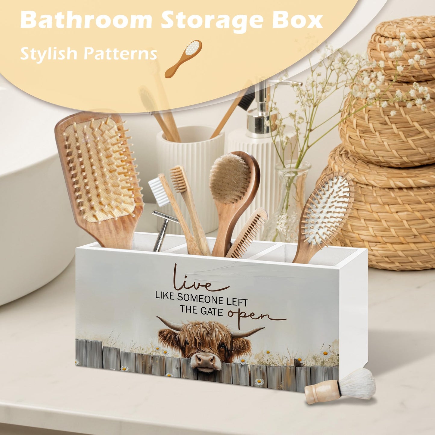 ANIANG Farmhouse Highland Cow Pen Holder Organizer Desk Decor, Highland Cow Gifts for Women, Live Like Someone Left the Gate Open Wooden Pen Pencil Holders for Home Office Desk Accessories