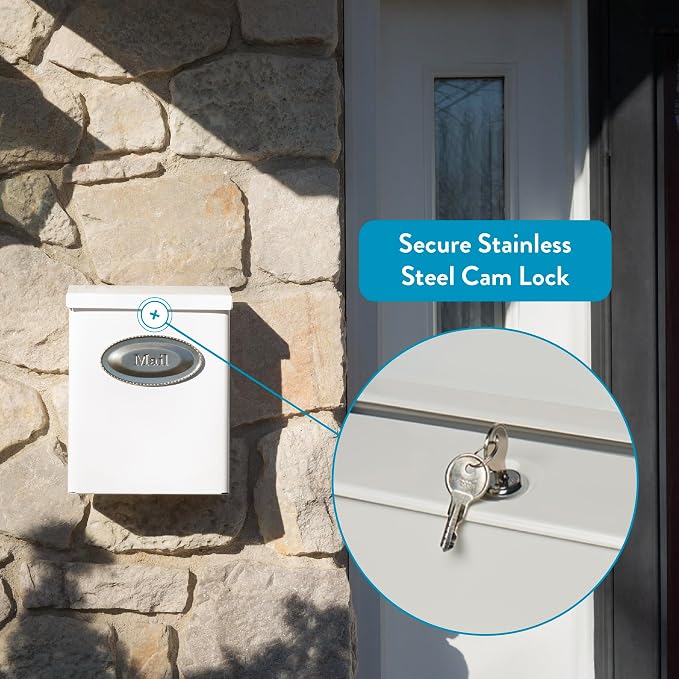 Architectural Mailboxes Designer Galvanized Steel, Locking Wall Mount Mailbox, White with Satin Nickel