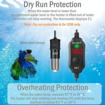 30W Mini Aquarium Heater for 4-6 Gallon Tanks | Submersible Fish Tank Heater with Digital Thermostat, Dry-Run & Overheat Protection, Memory Function