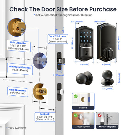 Veise VE027-K Built-in WiFi Smart Lock with 2 Knob, Fingerprint Keyless Entry Door Lock Handle Set for Front Door, App Remote Control, Electronic Digital Keypad Deadbolt, IP65 Waterproof, Matte Black
