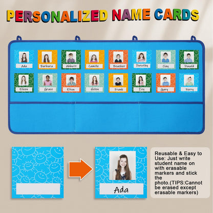 Attendance Pocket Chart for Preschool Classroom Large Wall Organization, Blue Felt Board Pocket Charts for Teachers, Kindergarten Kids Daycare Teaching Supplies, 74 Cards with 78 Magic Hooks