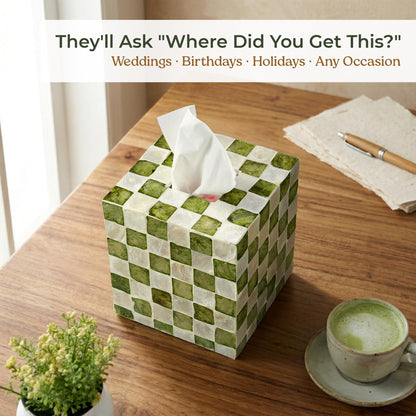 5.7" Square Tissue Box Cover for Kleenex and More, Handmade Green & White Checkered Capiz Shell Tissue Holder, Decorative Cube Tissue Box Cover for Bathroom, Living Room, Bedroom or Office (Natural)