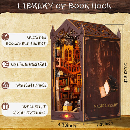 FASTSPOK DIY Book Nook Kit: 3D Wooden Puzzle Shelf Insert with LED Light - Miniature Dollhouse Bookend Decor for Adults and Teens - Creative Gift