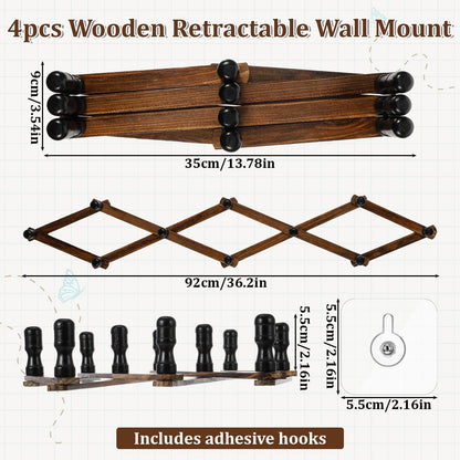 Lyksgir 4 Pcs Accordion Wall Hanger, Wooden Expandable Wall Mounted Hanger, Expandable Coat Rack, X Shape Coat Hooks for Hat, Coats, Coffee Mugs, Scarf, Including 40 Pegs with 8 Adhesive Hook (Brown)