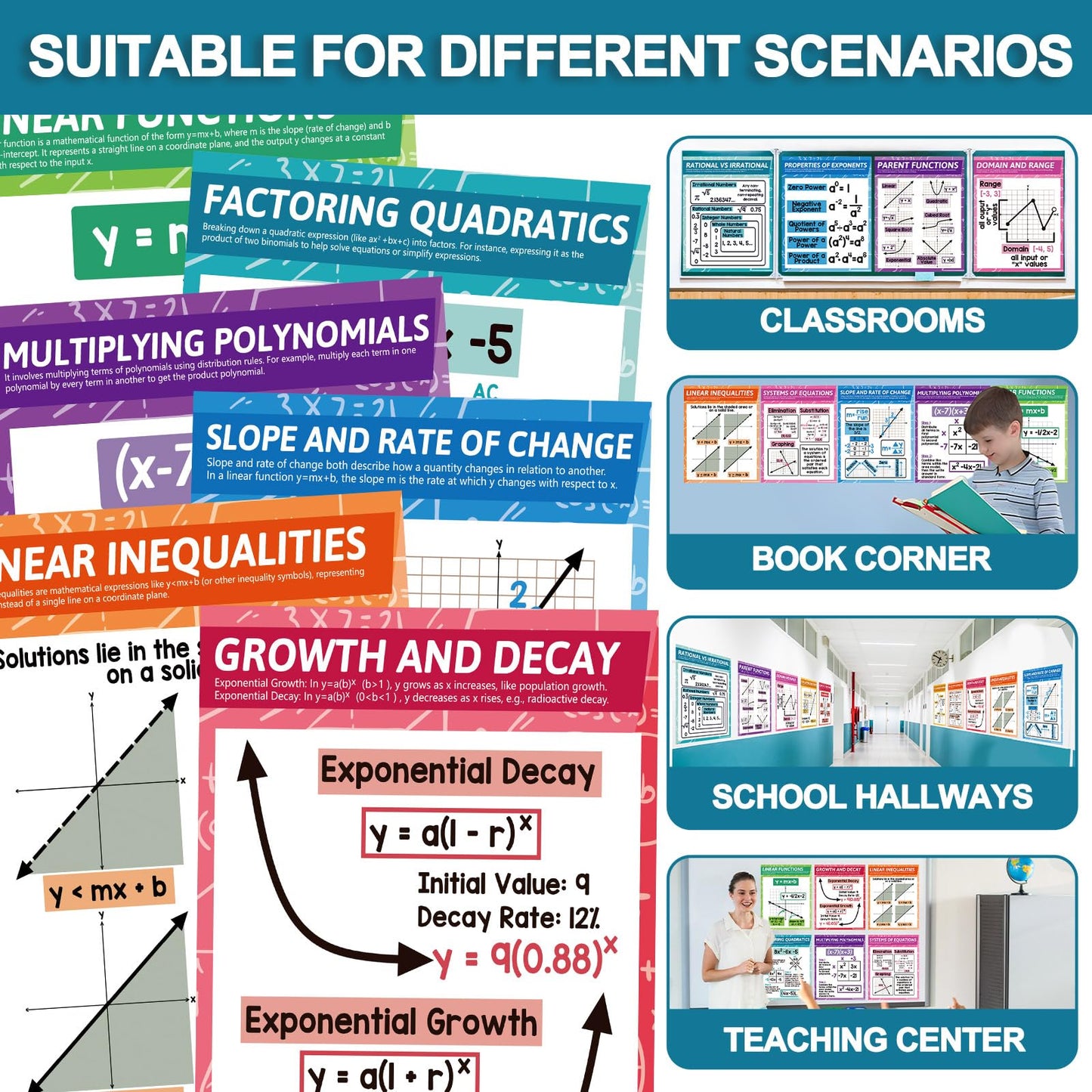 OBUSATT 18Pcs Math Posters for Classroom Algebra Posters for High School Supplies Math Bulletin Board Classroom Decorations Mathematics Educational Knowledge Wall Decor Teacher Must Haves 14 x 11 Inch