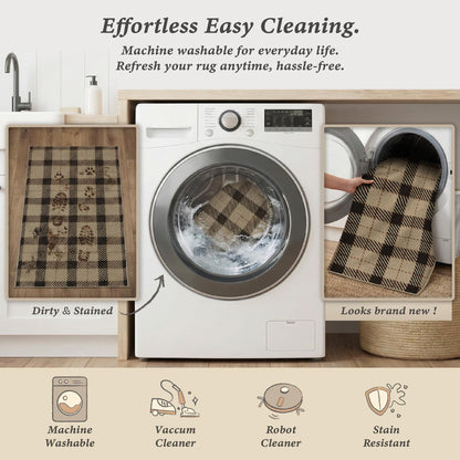 Easy Jute Farmhouse Area Rug 5x7, Washable Indoor Outdoor Plaid Rug, Black and Tan Rustic Woven Non Slip Carpet for Living Room, Entryway, Patio, Bedroom, Under Bed