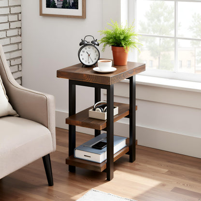Alaterre Furniture Pomona Living Room 3-Tier Solid Wood End Table with Metal Legs & Storage Shelves – Modern Rustic Industrial Space-Saving Side Table or Nightstand (Rustic Brown)