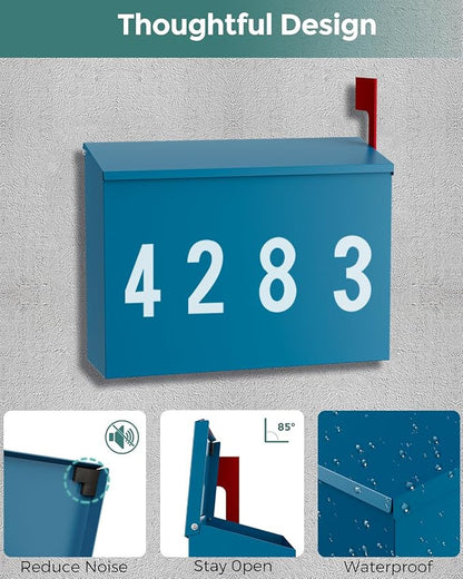 LAND·VOI Wall-Mount Mailbox with One Flag Kit and Three Sets of 0-9 Mailbox Number Stickers, Mailboxes for Outside, Galvanized Steel Rust-Proof Metal Post Box, 4.33" Dx14.2 Wx10.43 H, Blue