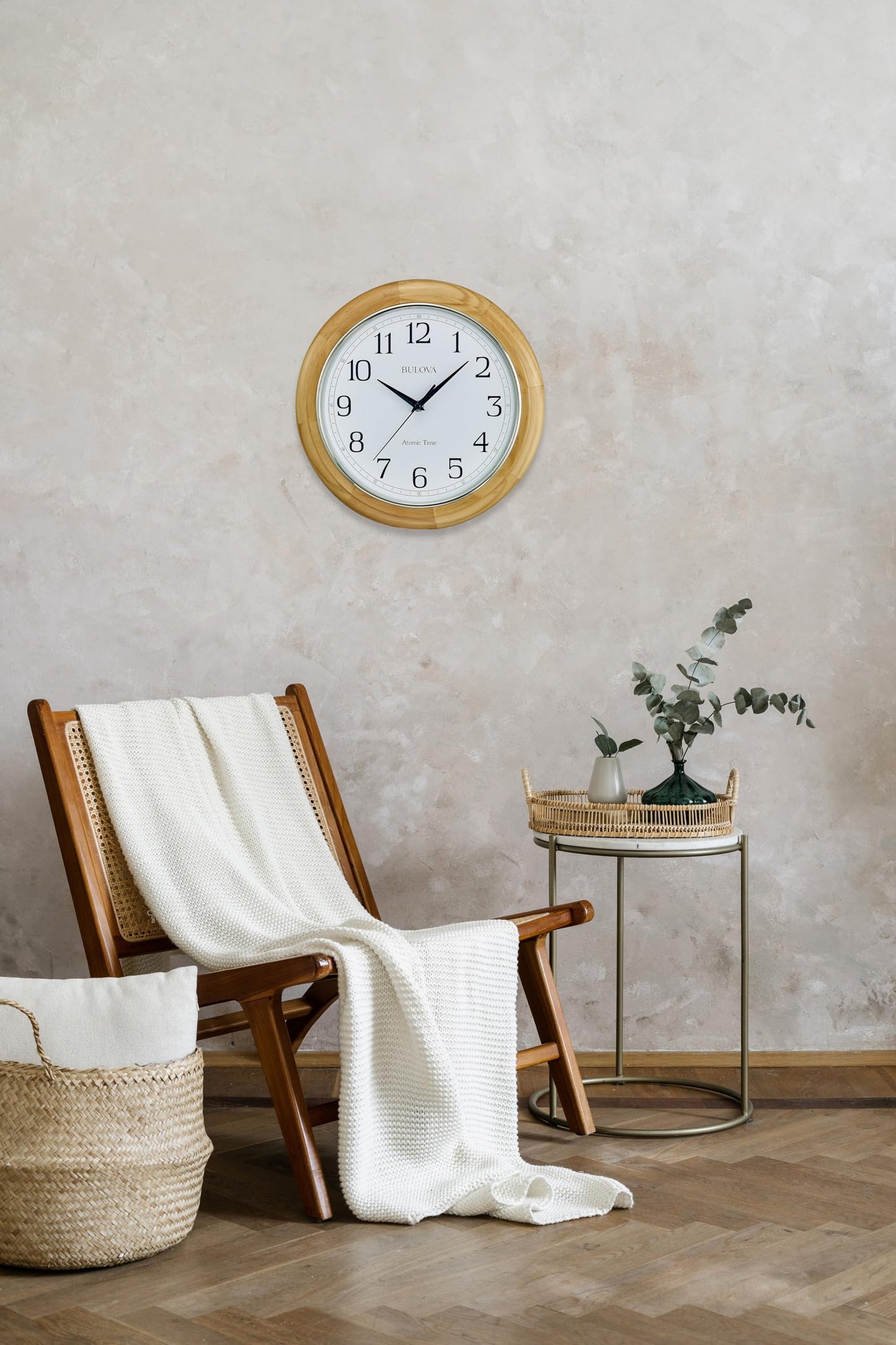Bulova C5005 Wooden Atomic Analog Wall Clock | Automatically Sets Time | Large Roman Numerals | Battery Operated | Traditional Design