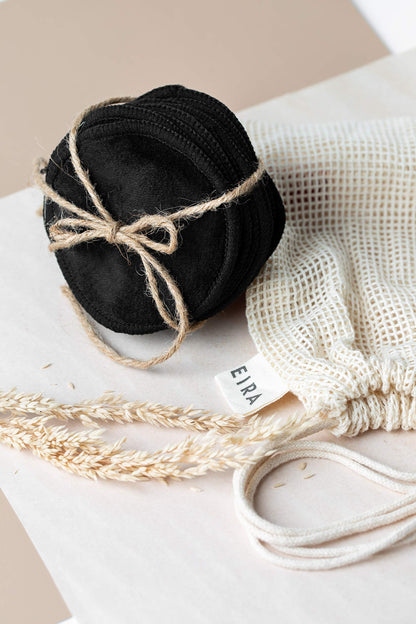 EIRA's Washable Makeup Remover Pads - Black Bamboo Reusable Cotton Rounds with Wooden Holder. Makeup Remover Cloths - Eco-Friendly - Zero Waste Reusable Makeup Remover Pads Set