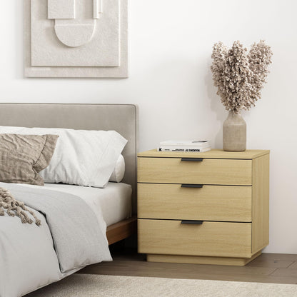 Manhattan Comfort Payton Modern 3-Drawer Nightstand with Raised Base and Rounded Corners, Boho End Table, Scandinavian Nightstand for Bedroom, or Living Room in Natural Oak Finish with Black Handles