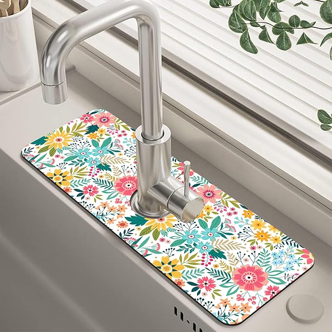 Colorful Floral Leaves Berries Kitchen Sink Splash Guard Mat Absorbent Fast
