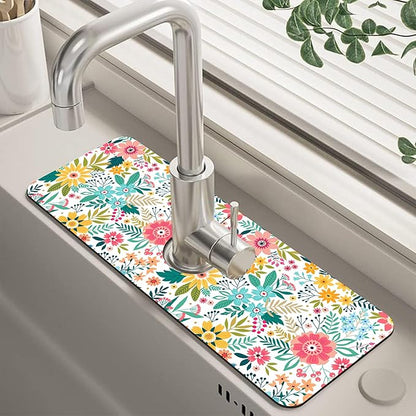 Colorful Floral Leaves Berries Kitchen Sink Splash Guard Mat Absorbent Fast