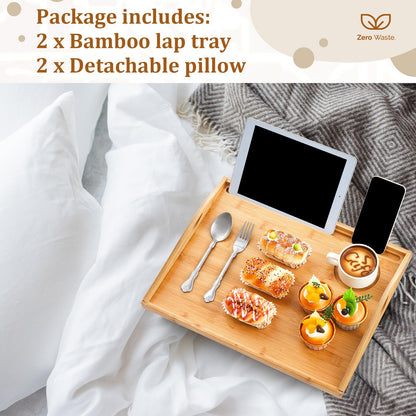 Pickmesh 2 Pcs Bamboo Lap Tray with Detachable Pillow Wood Bed Food Trays with Cushion 16.9 x 13 Inch for Adults Elderly Eating Food Breakfast Dinner in Recliner (Wood Color)
