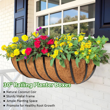 LCHUANG Railing Planter Window Box - 2 Pack 30 Inch Deck Balcony Rail Planter with Coconut Coir Liner, Fence Metal Hanging Flower Planter Basket Deck Railing Planter Boxes for Outdoor Garden