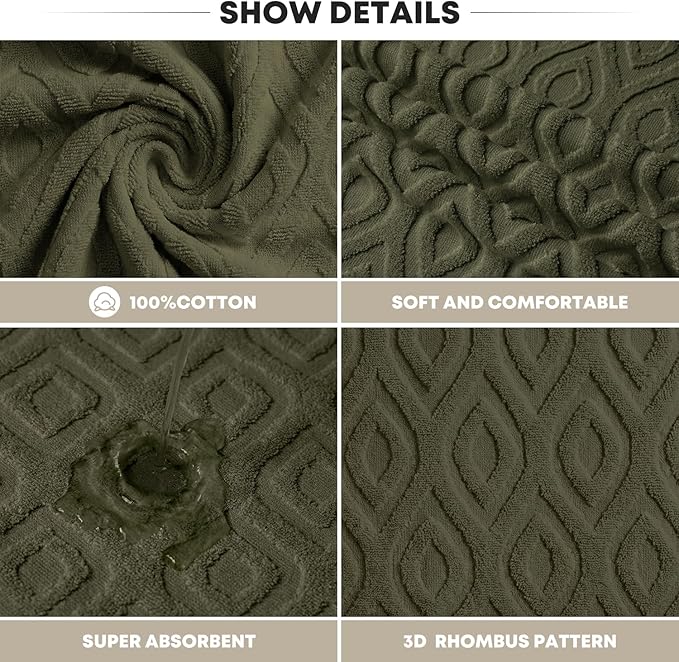 Artoid Mode 2 Pcs Olive Green 3D Diamond Grid Jacquard Hand Towels