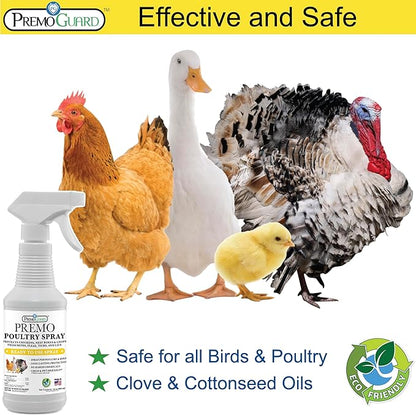 Premo Guard Poultry Spray - 16 oz - Kill Scaly Leg, Mites, Fleas, Lice, & Other Pest on Chickens and in Coops - Natural Plant Based Oils for Control, & Prevention - Family Safe with No Egg Withdrawl