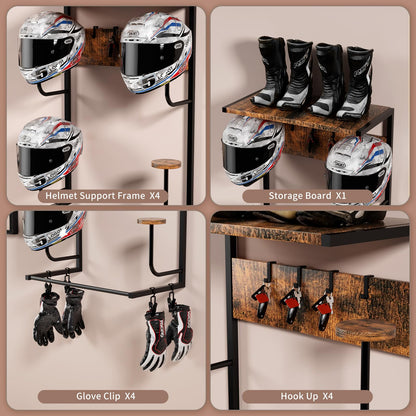 OMISRUIS Motorcycle Helmet Holder Wall-Mounted Helmet Rack with 4 Glove Chips& Hooks - Rustic Bike Helmets Storage Organizer, Universal Wall Mount for Helmets, Gear, Clothes, Accessories，Retro