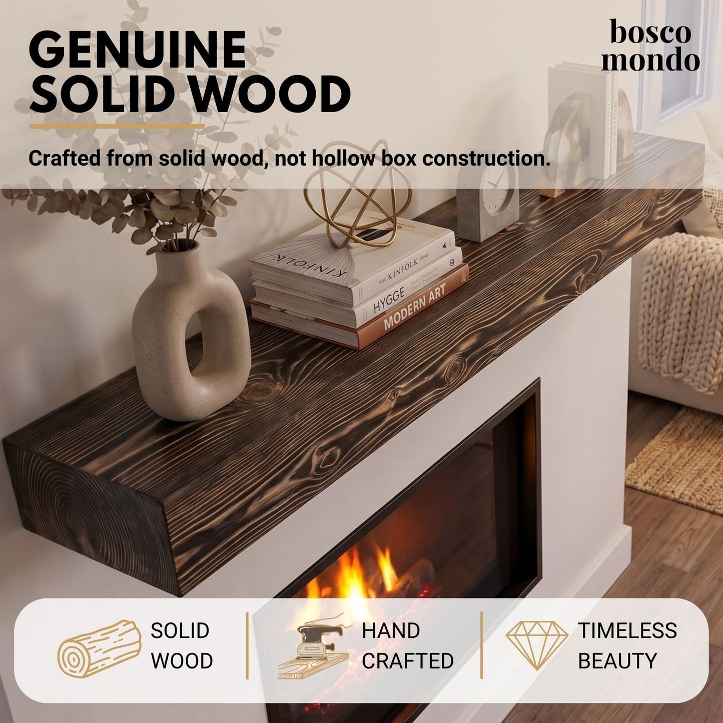 BoscoMondo Solid Wood Fireplace Mantel Shelf, Floating Mantle for Living Room, Farmhouse Rustic Wood Mantel, Easy Wall Mount with Heavy-Duty Metal Bracket (60", Walnut)