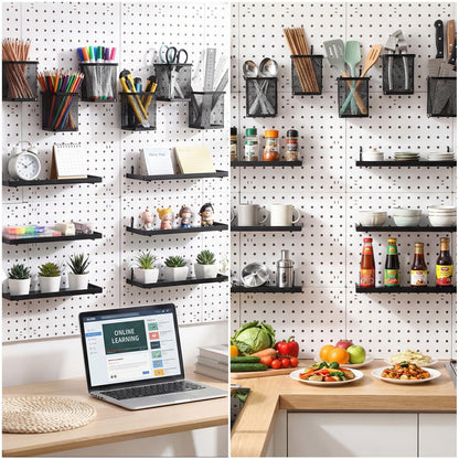 Tosstuki 12 Pack Pegboard Organizer Accessories - 6 Pegboard Pencil Cups Holder Peg Board - 6 Shelves Metal Shelf Brackets - Tools Storage Arrange System Kit for Office Garage Room