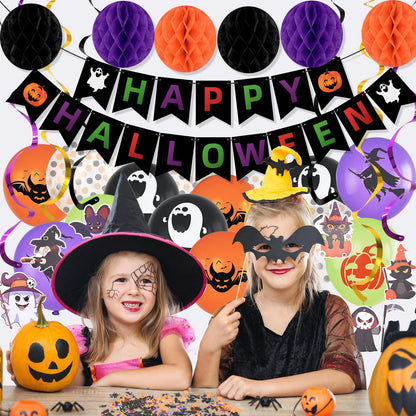 Happy Halloween Decorations Banner Supplies, Boo Classroom Hanging Cute Decoration Kit Dots Hanging Garland Honeycomb Ball Swirl Streamers for Halloween Party Decor Indoor Adult