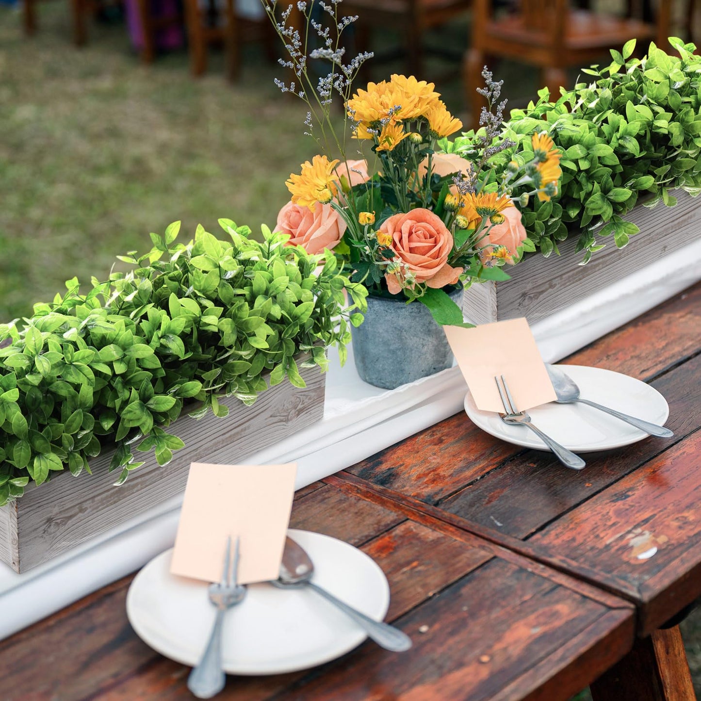 Lyrow 2 Pack Artificial Eucalyptus Plants in Rectangular Rustic Wooden Planter Box Faux Potted Herb Plant Greenery Centerpiece for Cabinet Windowsill Table Shelf Wedding Farmhouse Decor (White,16 '')