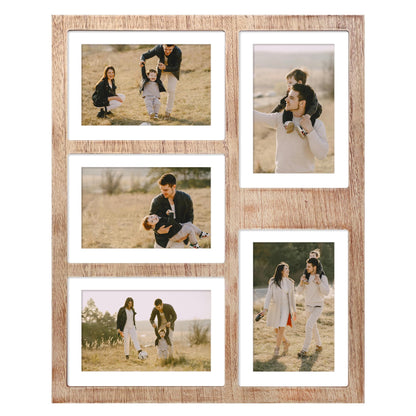 YESKAY 4x6 or 5x7 Picture Frames, Rustic Brown Wooden Frame with Real Glass, Displays Pictures Five 4x6 with Mat or 5Pcs 5x7 without Mat for Wall Mounting, Photo Collage Frame