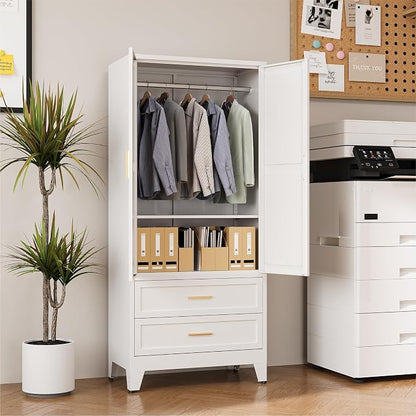 COFaR 71" Metal Wardrobe Closet with 2 Drawers & Hanging Rod, Freestanding Armoire Storage Cabinet with Adjustable Shelf and 2 Doors, White Steel Closet Organizer for Bedroom