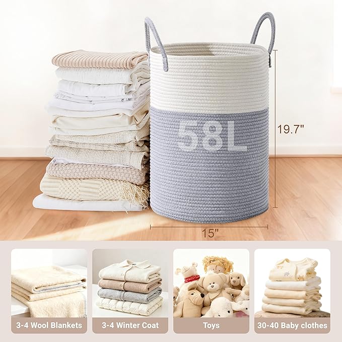 Tall Laundry Basket with Handles, 58L Portable Dirty Clothes Hamper, Boho