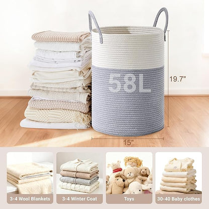 Tall Laundry Basket with Handles, 58L Portable Dirty Clothes Hamper, Boho