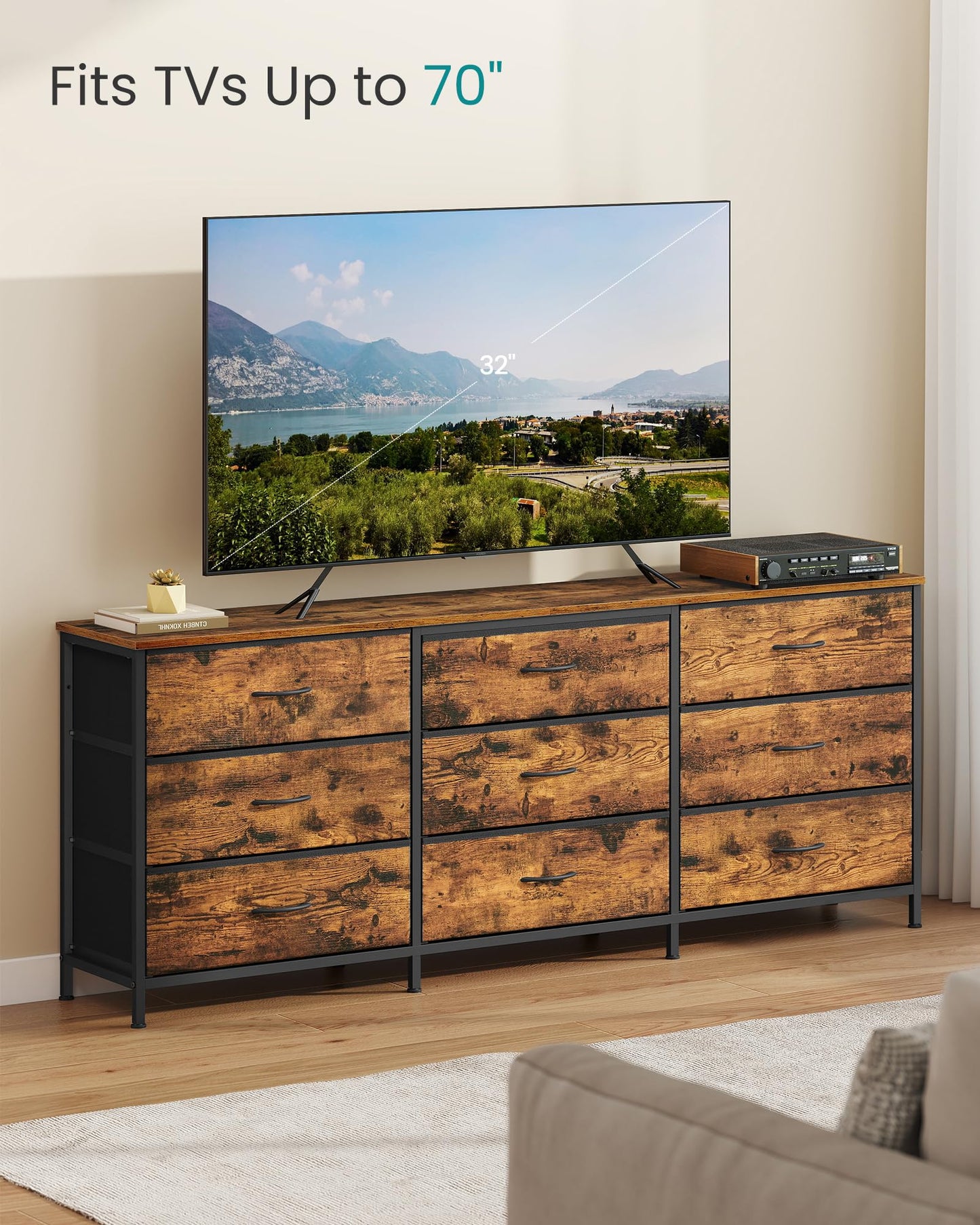SONGMICS BELLAH Collection - Dresser for Bedroom, TV Stand for TVs Up to 70 Inches, Chest of Drawers for Living Room, Closet, Steel, 9 Drawers, Industrial, Rustic Brown and Ink Black ULGS233KD02S