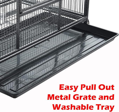 X-Large Double Stacker Wrought Iron Cage Bird Flight Parrot Breeding Breeder Cage Side Breeding Door Easy Clean Pull Out Tray Removable Rolling Stand Cockatiel Conure Canary Aviary Finches Budgies