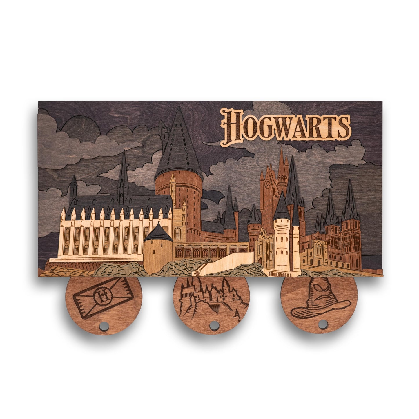 ZE WOOD Hogwarts Magnetic Key Holder - Harry Potter 3D Key Holder with Magnetic Keychains - Unique Collectible Wooden, Home Decor for Harry Potter Fans (Night Edition, M, 3 Keychains)